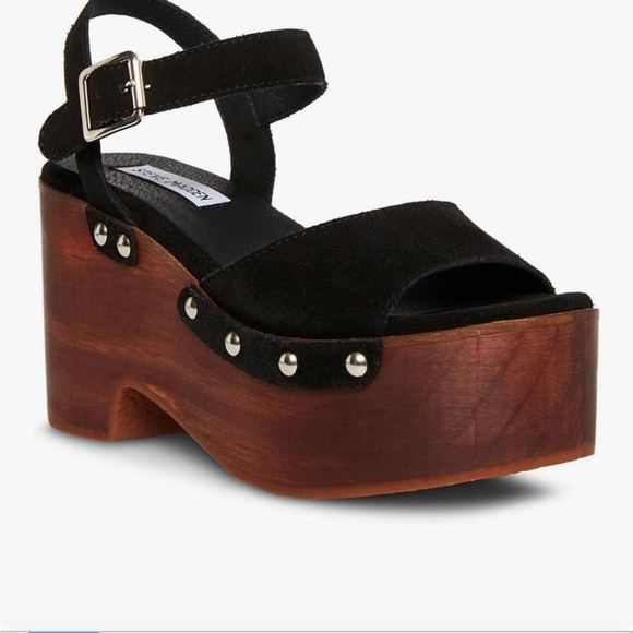 Steve Madden Black Suede Leather Mindful Chunky Platform Wooden Sandals Size 7.5 - Picture 1 of 16